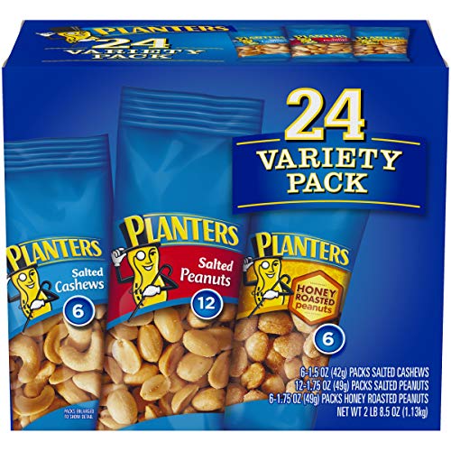 Book Cover PLANTERS Variety Packs (Salted Cashews, Salted Peanuts & Honey Roasted Peanuts), 24 Packs - Individual Bags of On-the-Go Nut Snacks - No Cholesterol or Trans Fats - Source of Fiber and Healthy Fats