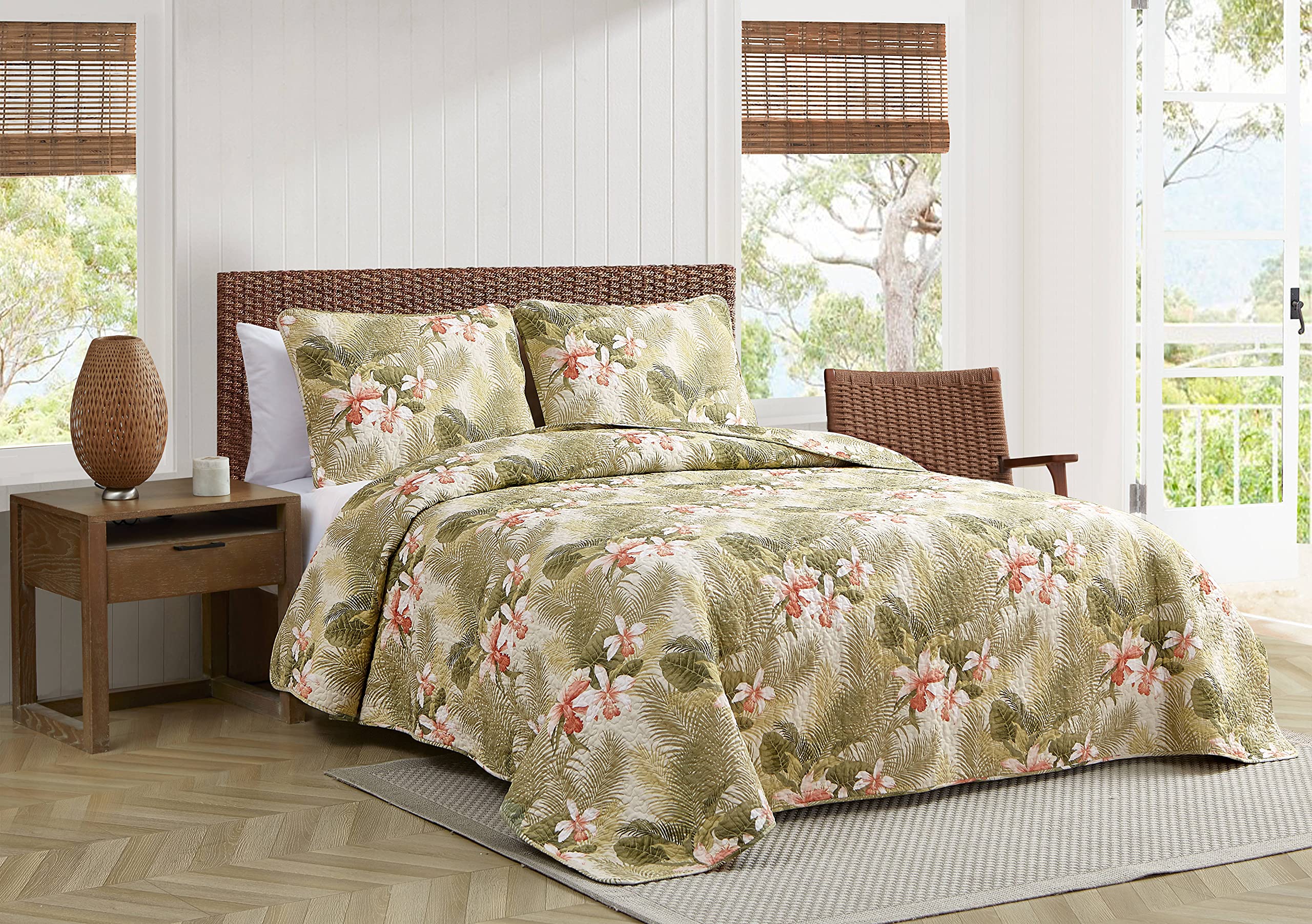 Book Cover Tommy Bahama Topical Orchid Collection Quilt Set-100% Cotton, Reversible, Ideal for All Seasons, Pre-Washed for Added Softness, King, Green (Tropical Orchid Green, King) King Green