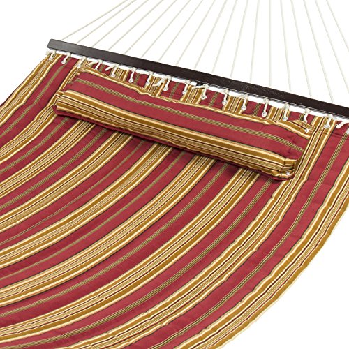 Best Choice Products Quilted Double Hammock w/ Detachable Pillow, Spreader Bar - Burgundy and Tan Stripe