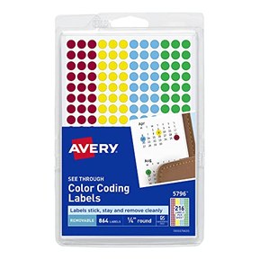 Avery assortis amovible transparent pastilles de couleur, 0,6 cm Round, Lot de 864 (5796)