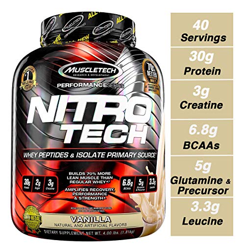 Book Cover MuscleTech NitroTech Protein Powder Plus Muscle Builder, 100% Whey Protein with Whey Isolate, Vanilla, 40 Servings (4lbs)