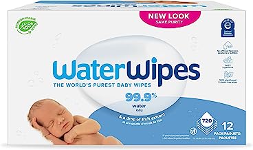 Book Cover WaterWipes Plastic-Free Original Baby Wipes, 99.9% Water Based Wipes, Unscented & Hypoallergenic for Sensitive Skin, 720 Count (Pack of 12), Packaging May Vary