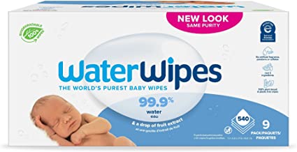 Book Cover WaterWipes Original Baby Wipes, 99.9% Water, Unscented & Hypoallergenic for Sensitive Newborn Skin, 9 Packs (540 Count)