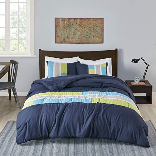 Book Cover Mi Zone Cozy Comforter Set Geometric Stripes Vibrant Color Design All Season Bedding Matching Shams, Decorative Pillow, Twin/Twin XL, Pipeline Navy, 3 Piece