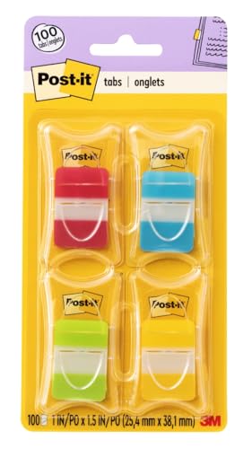 Post-it Sticky Tabs, 1 in. x 1.5 in., 4 Pads of Book Tabs in Assorted Colors for Bookmarking, Annotating, Reading, and Reminders, Red, Blue, Yellow, and Green Colors (100 Total Count)