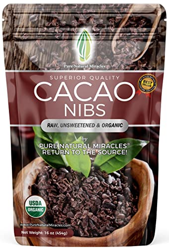 Book Cover 100% Pure Organic Cacao Nibs - 16 Oz - Unsweetened Dark Chocolate Nibs - Raw Cocoa Nibs by Pure Natural Miracles
