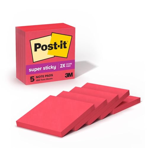 Post-it Super Sticky Notes, 5 Sticky Note Pads, 3 x 3 in., Ideal for Organization in Your Dorm, Home or Office, Single Color Packs Collection, Candy Apple Red