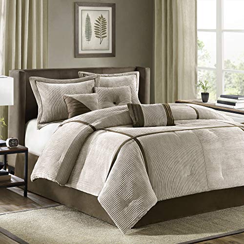 Book Cover Madison Park All Season, Matching Bed Skirt, Decorative Pillows, Polyester, Dallas Corduroy, Taupe Brown, Cal King(104
