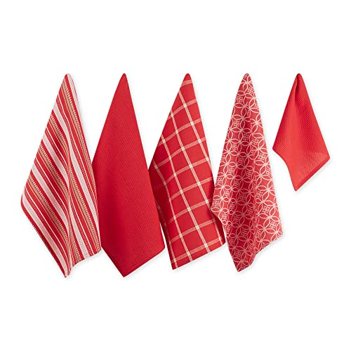 DII Assorted Woven Kitchen Set, Dishtowel, 18x28, Dishcloth, 13x13, Red, 5 Piece