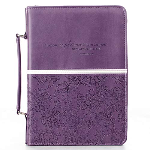 Book Cover Purple Fashion Bible Cover for Women For I Know the Plans I Have For You Jeremiah 29:11 Floral Embossed Bible Case/Book Cover w/Zipper, Faux Leather, Large