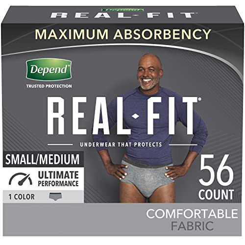 Book Cover Depend Real Fit Incontinence Underwear for Men, Maximum Absorbency, Disposable, Small/Medium, Grey, 56 Count (Packaging May Vary)