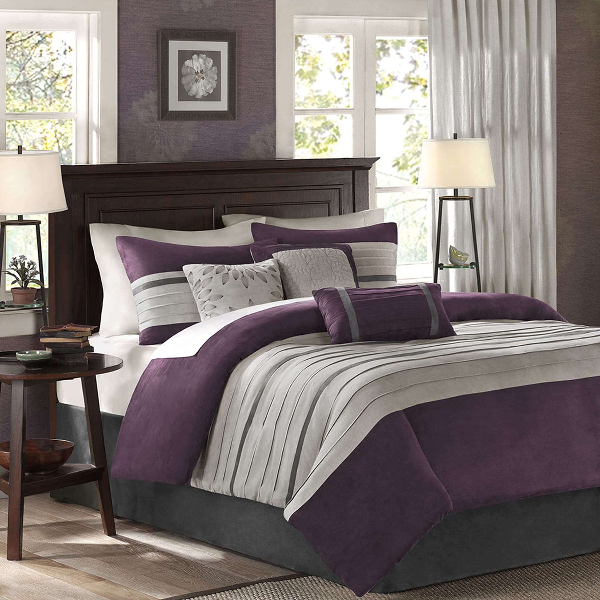 Book Cover Madison Park Palmer Comforter Set - Faux Suede Design, Striped Accent, All Season Down Alternative Bedding, Matching Shams, Decorative Pillow, Bed Skirt, King (104 in x 92 in), Purple 7 Piece Purple King (104 in x 92 in)