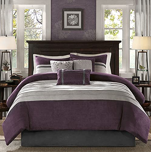 Book Cover Madison Park - Palmer 7 Piece Comforter Set - Plum - California King - Pieced Microsuede - Includes 1 Comforter, 3 Decorative Pillows, 1 Bed Skirt, 2 Shams