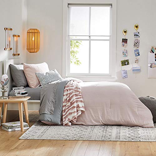 Book Cover OCM College Dorm Room 24-Piece Complete Campus Pak | Twin XL | with Topper, Comforter, Sheets, Towels, Clip Fan & More | Washed Pink & Grey | Supersoft Washed Microfiber in Blush Pink & Gray