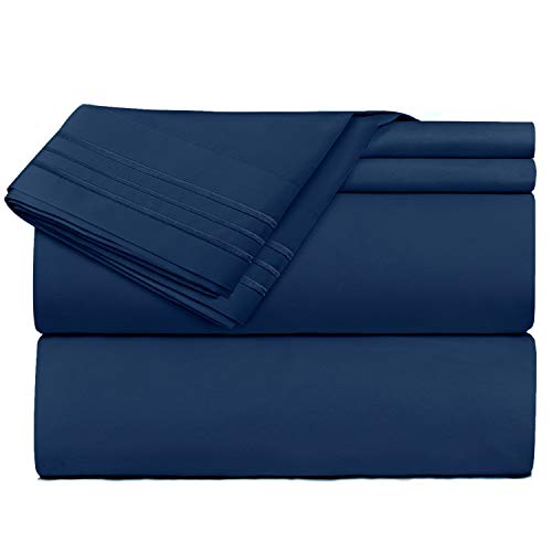 Book Cover Clara Clark Premier 1800 Series 4 Piece Sheet Set Deep Pocket Brushed Microfiber, Wrinkle, Fade & Stain Resistant, Queen Size, Navy Blue