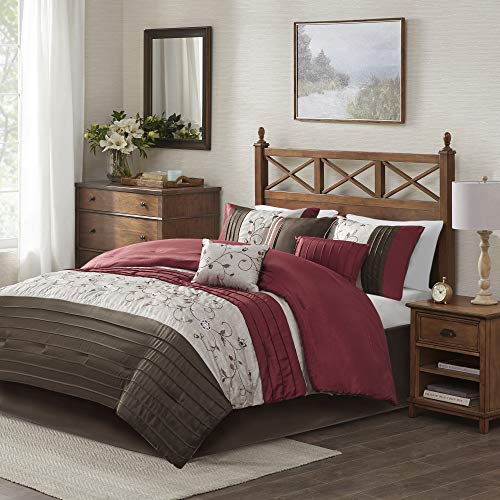 Book Cover Madison Park Serene Faux Silk Comforter Floral Embroidery Design All Season Set, Matching Bed Skirt, Decorative Pillows, California King (104 in x 92 in), Red 7 Piece