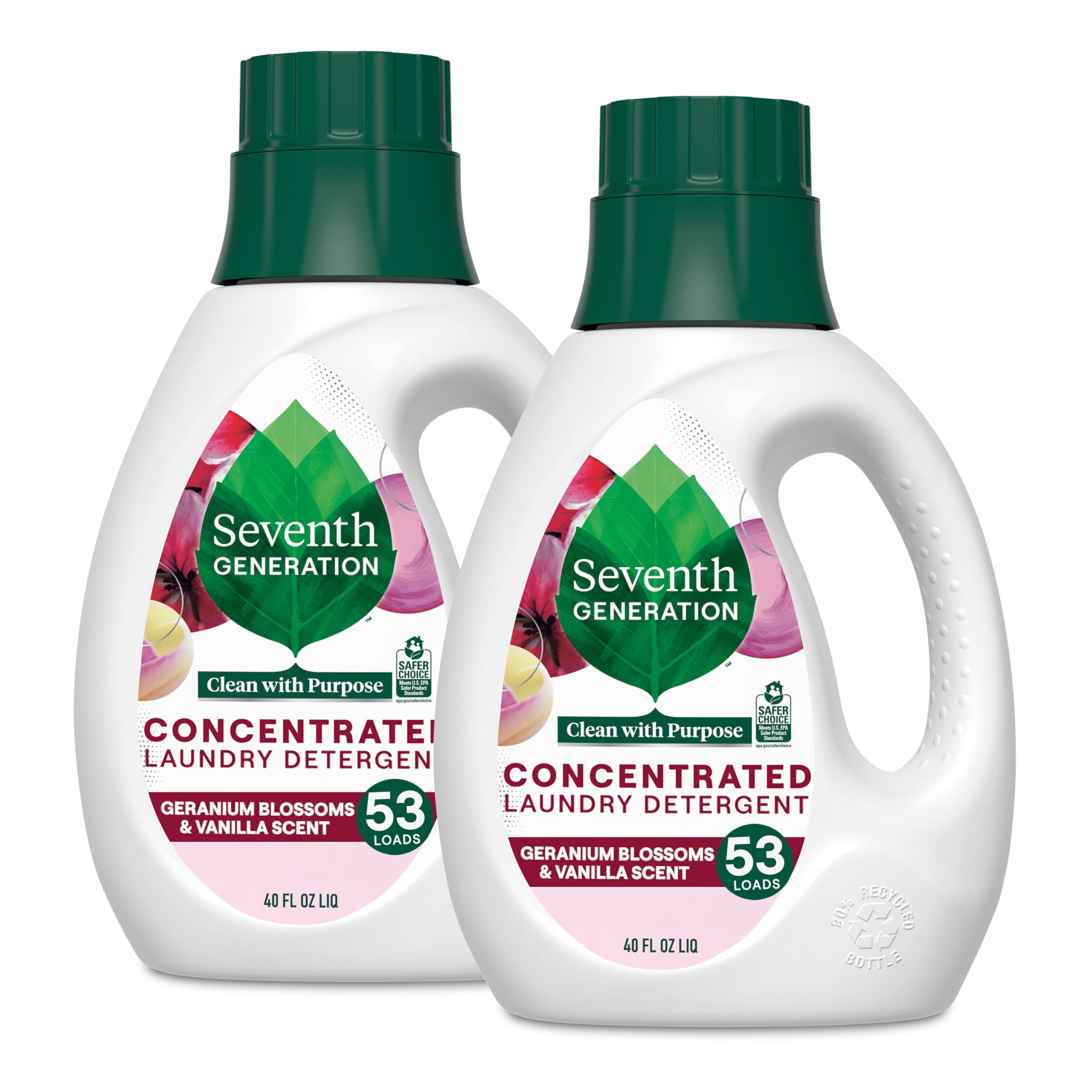 Book Cover Seventh Generation Concentrated Laundry Detergent, Geranium Blossom & Vanilla, 40 oz, Pack of 2 (106 Loads), 40 Fl Oz (Pack of 2)