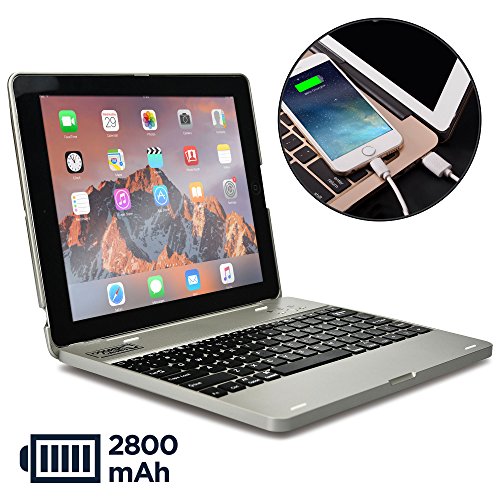 Cooper Kai SKEL P1 [Bluetooth Wireless Keyboard] Case for iPad 4, iPad 3, iPad 2 | Clamshell Cover, 2800mAh Power Bank, 60HR Battery (Silver)