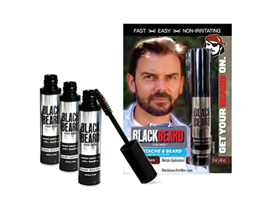 Blackbeard for Men Formula X Instant Mustache, Beard, Eyebrow and Sideburns Color - Fast, Easy, Men’s Grooming, Beard Dye Alternative, Dark Brown, 3 Pack
