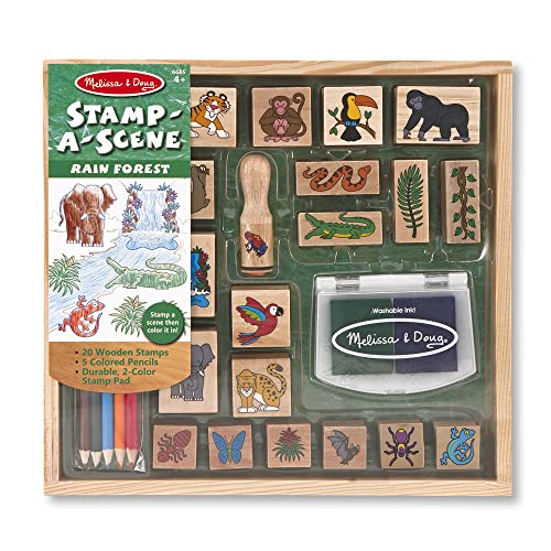 Book Cover Melissa & Doug Stamp-a-Scene Stamp Set: Rain Forest - 20 Wooden Stamps, 5 Colored Pencils, and 2-Color Stamp Pad
