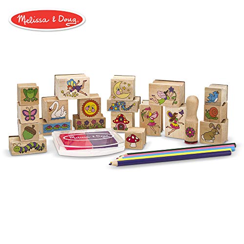 Book Cover Melissa & Doug Stamp-a-Scene Wooden Stamp Set: Fairy Garden, 20 Wooden Stamps, 5 Colored Pencils, and 2-Color Stamp Pad, 10.5