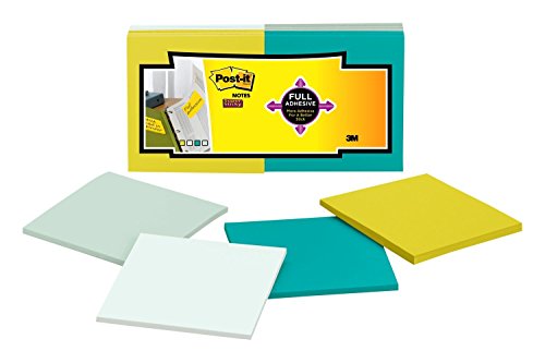 Post-it Super Sticky Full Adhesive Notes, 2x Sticking Power, 3 in x 3 in size, Bora Bora Collection, 12 pads/pack (F330-12SSFM)