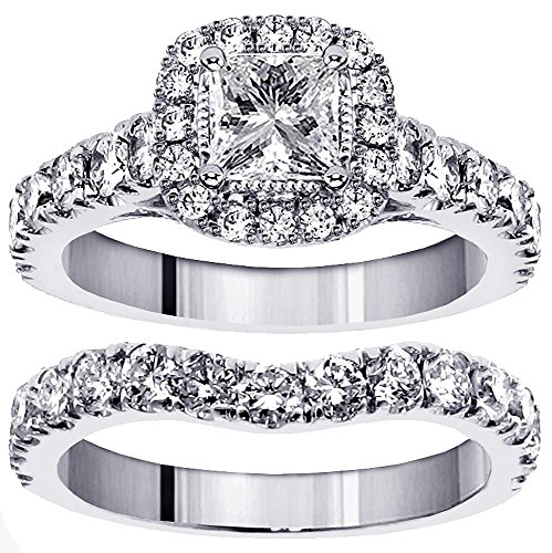 VIP Jewelry Art 3.00 CT TW Halo Princess Cut Diamond Encrusted Engagement Bridal Set in 14k White Gold - Size 7