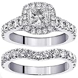 VIP Jewelry Art 3.00 CT TW Halo Princess Cut Diamond Encrusted Engagement Bridal Set in 14k White Gold - Size 7