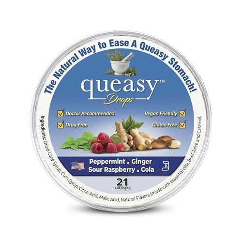 Three Lollies Queasy Drops - Ease Chemotherapy Nausea & Travel Sickness - Alleviates a Dry Mouth - Natural Ingredients - 21 ct