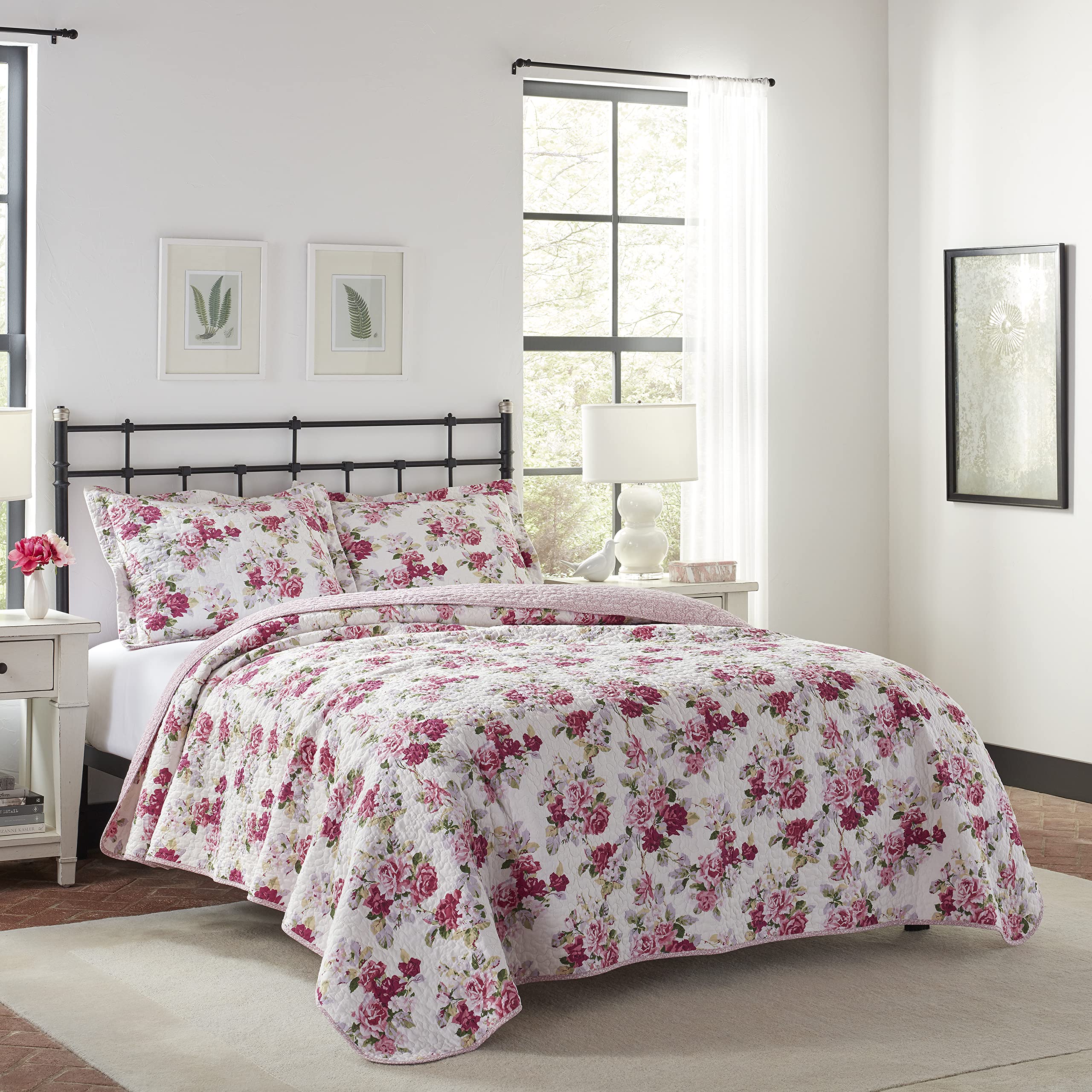 Book Cover Laura Ashley Home Lidia Collection Quilt Set-100% Cotton, Reversible, Lightweight & Breathable Bedding, Pre-Washed for Added Softness, Twin, Pink
