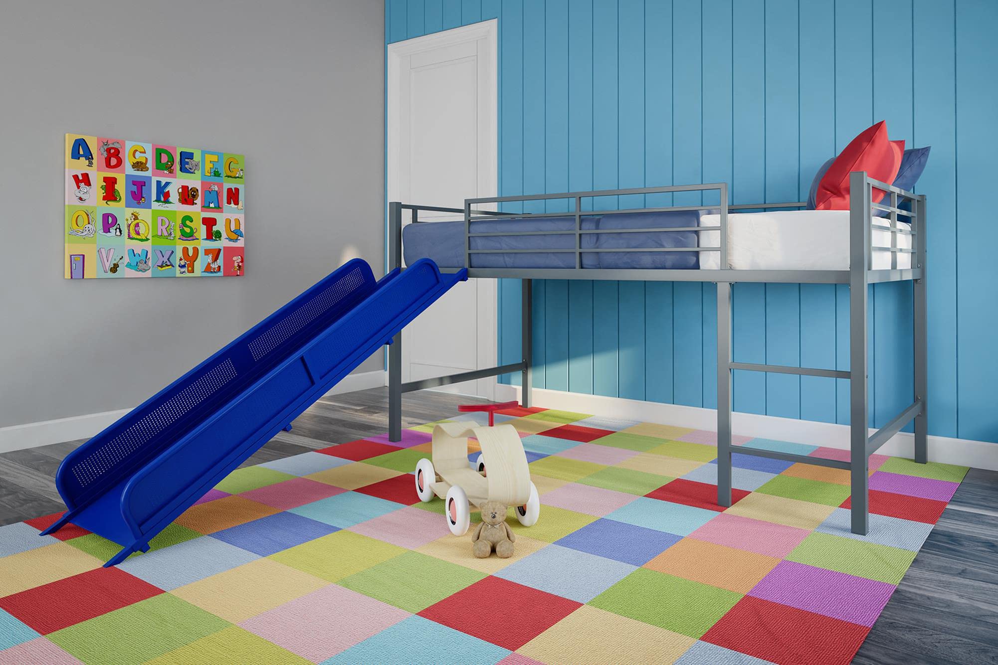 Book Cover DHP Junior Twin Metal Loft Bed with Slide, Multifunctional Design, Silver with Blue Slide Silver Contemporary Loft Bed