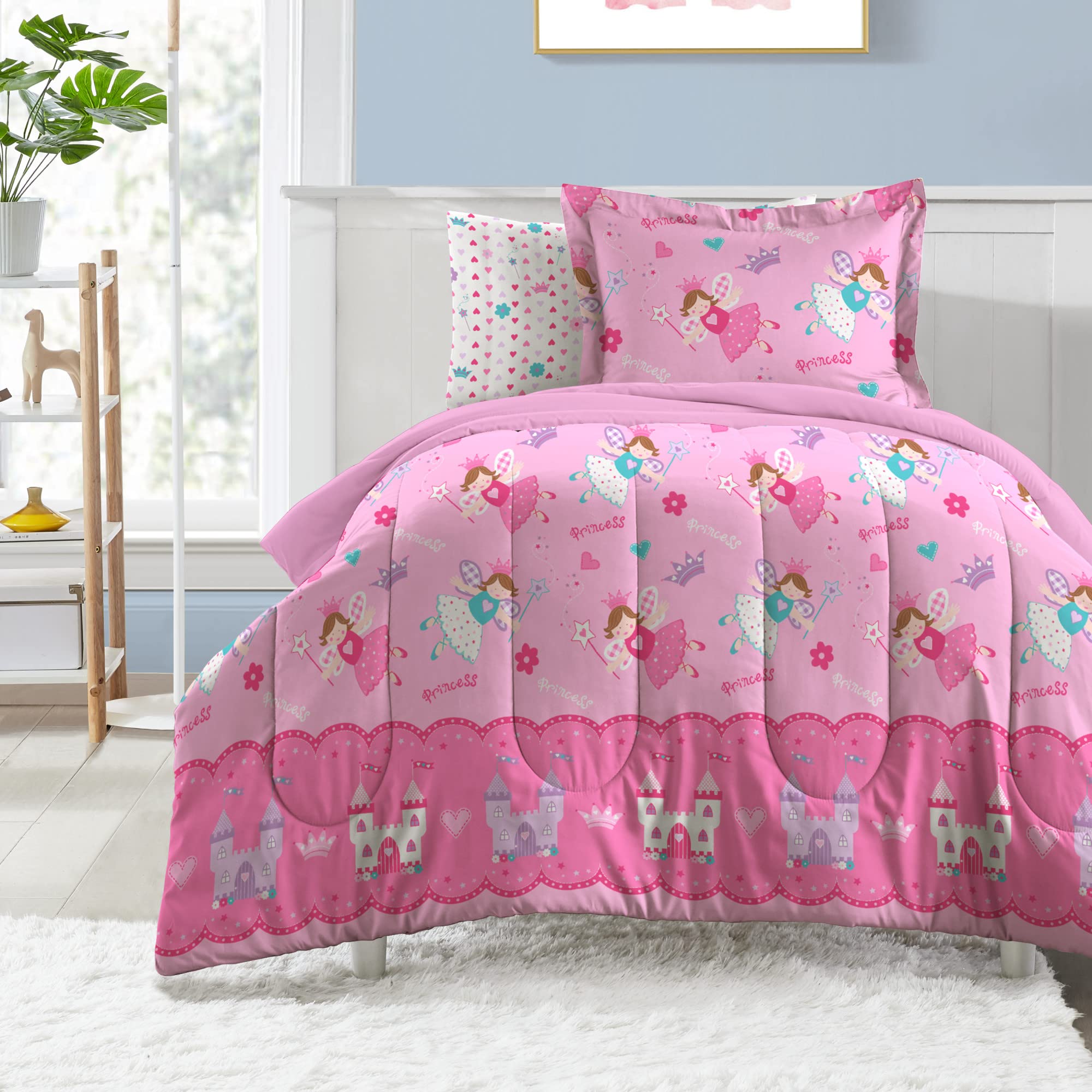 Dream Factory Magical Princess Ultra Soft Microfiber Girls Comforter Set, Pink, Twin Pink Magical Princess Twin