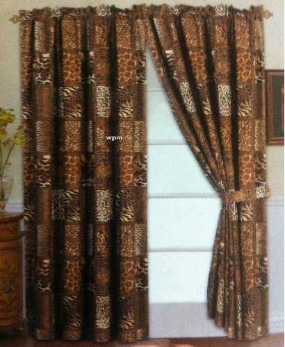 4 Piece Curtain Set: 2 Jungle Safari Brown Giraffe Zebra Panels & 2 Tie Backs