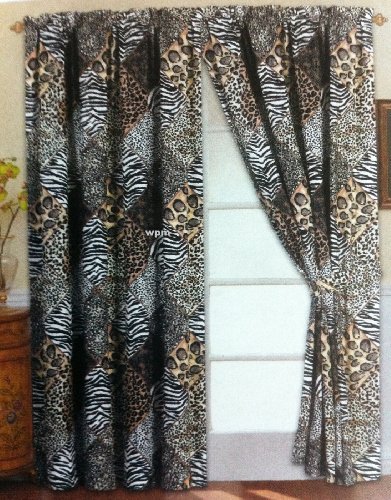 4 Piece Curtain Set: 2 Jungle Safari Black White Giraffe Zebra Panels & 2 Tie Backs