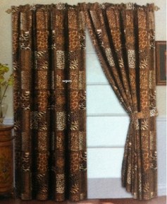 4 Piece Curtain Set: 2 Jungle Safari Brown Giraffe Zebra Panels & 2 Tie Backs