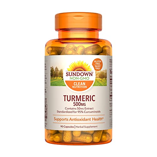 Turmeric Supplements by Sundown, for Antioxidant Health, Standardized Turmeric Extract, Non-GMOˆ, Free of Gluten, Dairy, Artificial Flavors, 500 mg, 90 Capsules
