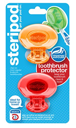 Book Cover Steripod Clip-on Toothbrush Protector (2-Pack Orange & Red) I Protects Against Soap I Dirt I Hair I Sand I for Travel, Home, Camping - Stay Fresh