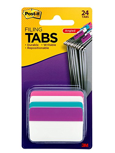 Post-it Tabs, 2 in. Angled Solid, Assorted Colors, Durable, Writable, Repositionable, Sticks Securely, Removes Cleanly, 6 Tabs/Color, 4 Colors, 24 Tabs/Pack, (686A-PWAV)