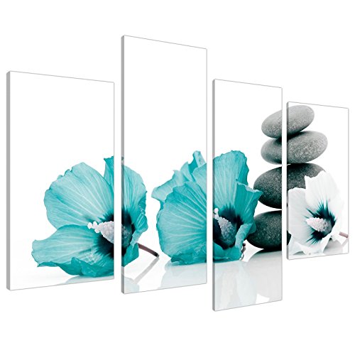 Book Cover Large Teal Grey and White Lily Floral Canvas Wall Art Pictures - Split Set of 4 - Big Modern Flower Prints - Multi Panel Artwork - XL - 130cm Wide