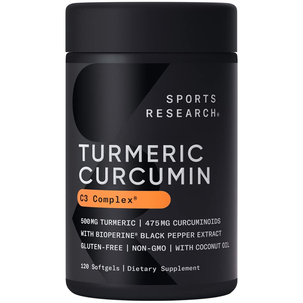 Sports Research Turmeric Curcumin C3 Complex 500 mg, Enhanced with Black Pepper and Organic Coconut Oil for Better Absorption; Non-GMO and Gluten Free - Standardized 95% Curcuminoids (120 Softgels) 120 Count (Pack of 1) Softgel
