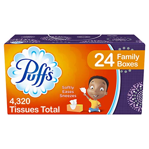 Book Cover Puffs, Everyday Non-Lotion Facial Tissues, 24 Family Boxes, 180 Tissues per Box (4320 Tissues Total)