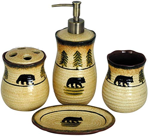 Book Cover HiEnd Accents Rustic Black Bear 4-PC Lodge Bathroom Countertop Accessory Set, Tan, Forest Green & Brown