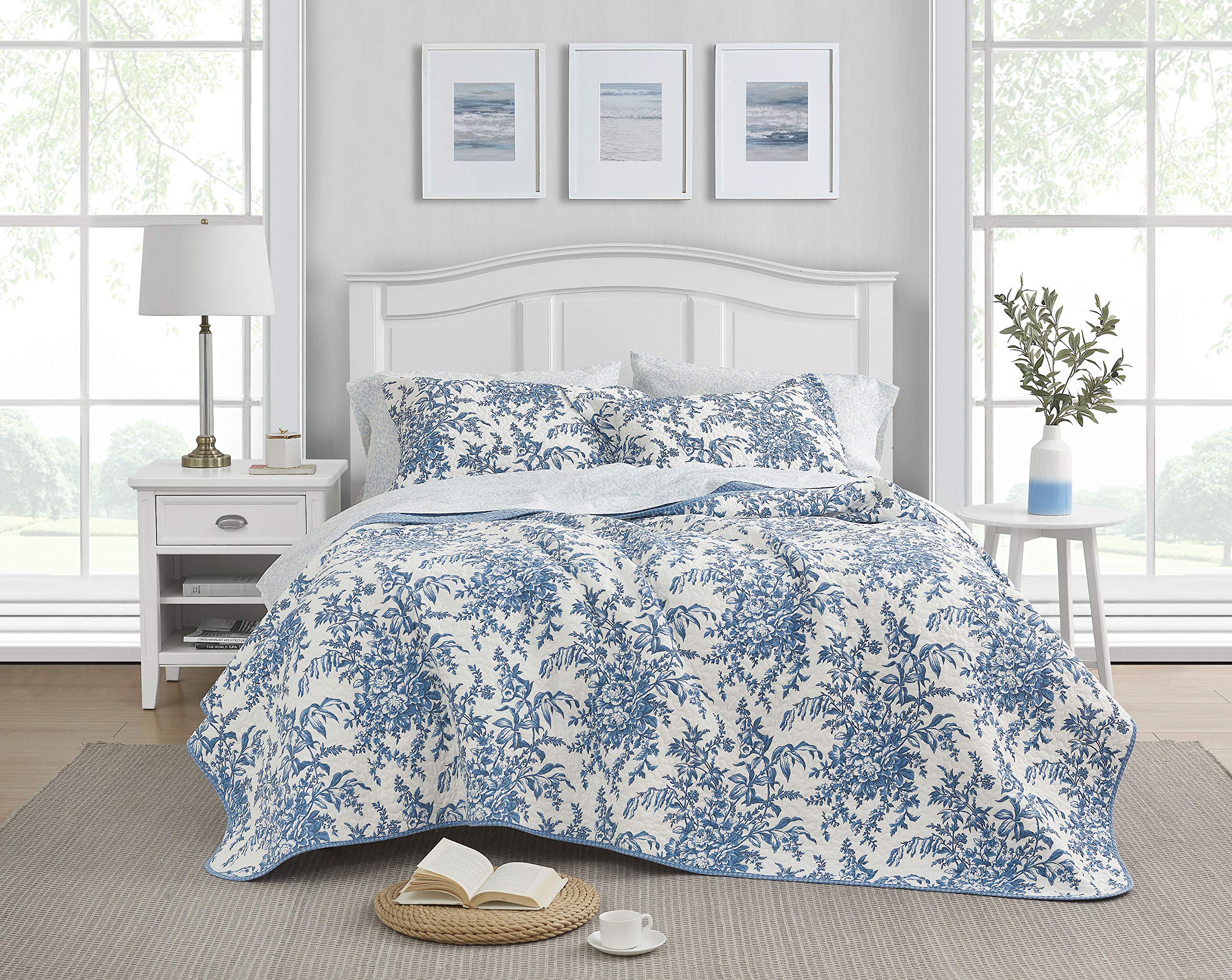 Book Cover Laura Ashley Quilt Set Reversible Cotton Bedding with Matching Sham, Lightweight Home Decor for All Seasons, Twin, Bedford Delft Blue, 3 Count Bedford Delft Blue Twin