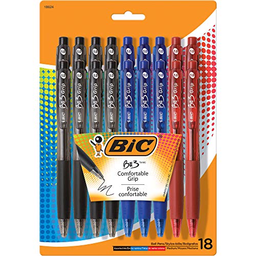 Book Cover BIC BU3 Grip Retractable Ball Pen, Medium Point (1.0 mm), Assorted Colors, 18-Count