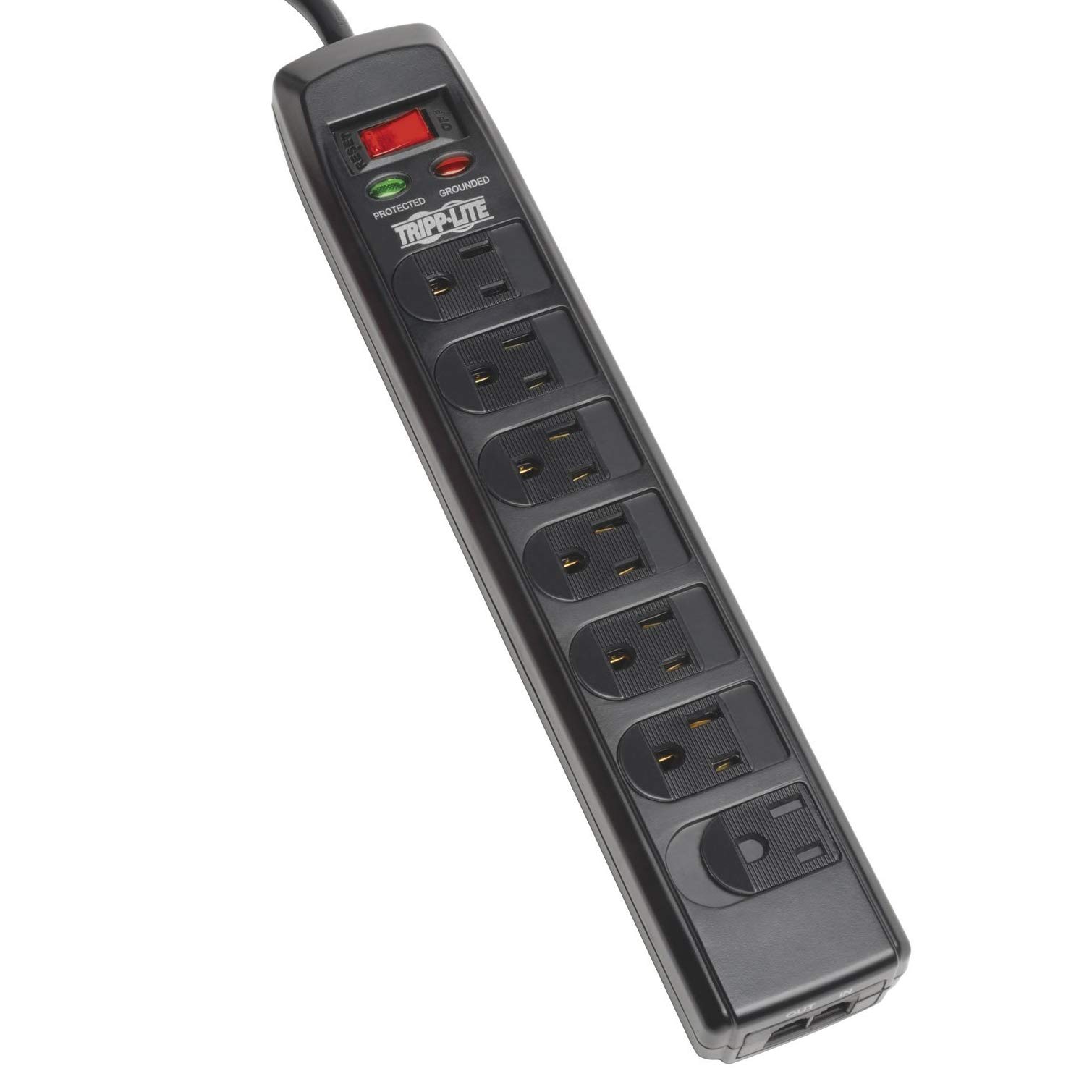 Tripp Lite 7 Right Angle Outlet Surge Protector Power Strip, 6ft. Cord, Right Angle Plug, 1440 Joules, Tel/Modem Protection, Safety Covers, 50K Insurance & (TLP706TELC) Black 7 Outlet + TEL (Black) Power Strip