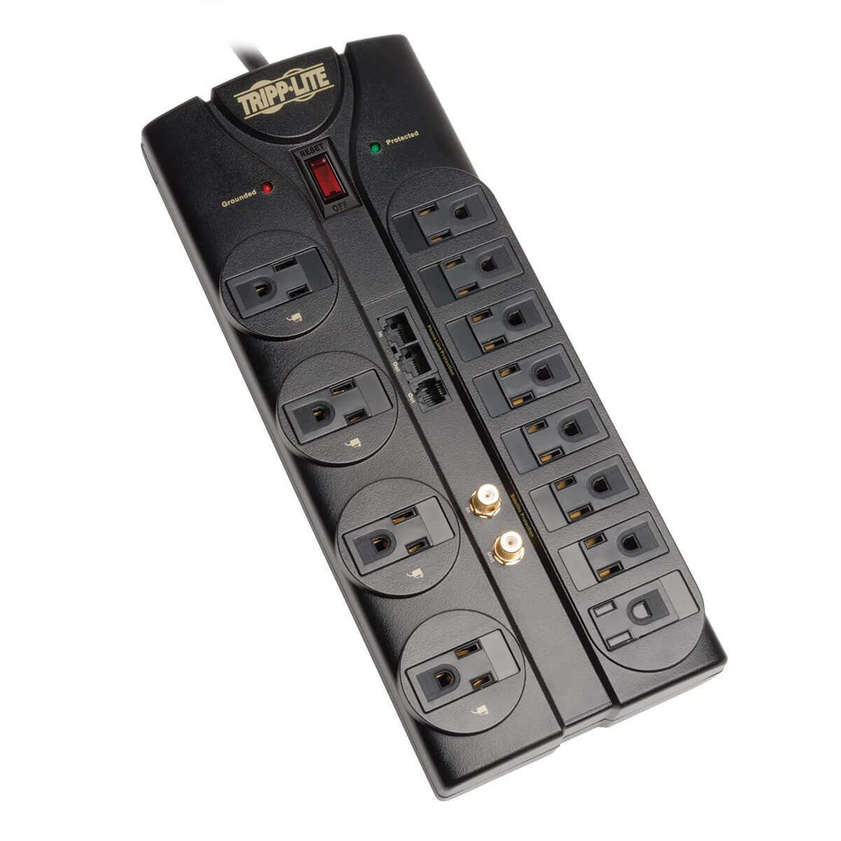 Tripp Lite 12 Outlet Surge Protector Power Strip, 8ft Cord, Right-Angle Plug, Tel/Modem/Coax/Ethernet Protection, RJ11, RJ45, & $250,000 INSURANCE (TLP1208SAT) Black 12 Outlets Outlet