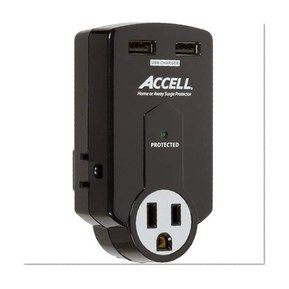Accell 3-Outlet Travel Surge Protector with 2X USB Charging Ports and Folding Plug - Black - 612 Joules, 2.1A USB Output, ETL Listed