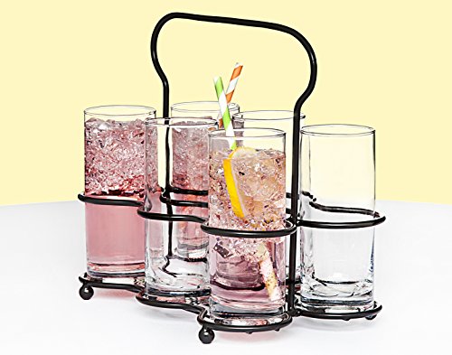 Book Cover Studio Silversmiths 7 Piece set of Six 9 Ounce Highball Glasses In Black Deco Metal Rack