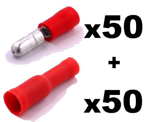 100 x Cosse Electrique Cylindriques Rouge (50x Male et 50x Femelles) - Cosses Electriques (Pour fils jusqu'à 0.4mm to 1mm²)