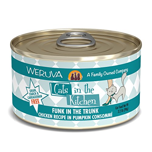 Weruva Cats in the Kitchen, Funk in the Trunk with Chicken in Pumpkin Consomme Cat Food, 3.2oz Can (Pack of 24), Blue